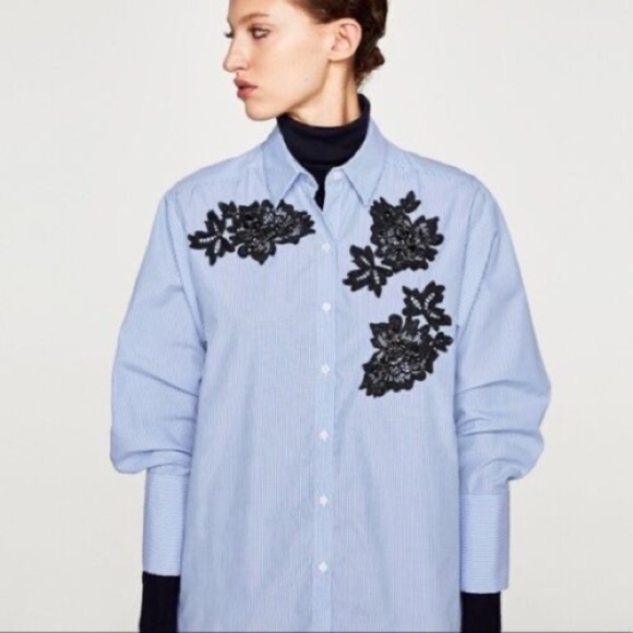 Zara stripe button down blouse with black embellishment - Picture 1 of 6